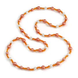 Avalaya Classic Peach Orange/White Glass Bead Long Necklace/ 84cm L