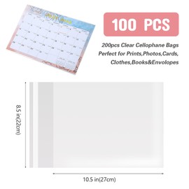 LEOSINDA 100 pcs 8-1/2'' x 10-1/2'' Cellophane Bags self adhensive, Crystal Clear plastic Sleeves Storage Bags Gift bags for 8x10in Art Prints，Images，Photo Frames Mats Treat Bags Candy Bags