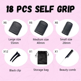 UoQo Hair Rollers for Long Hair, 32 Pcs Salon Hairdressing Curlers Velcro Rollers Set for Hair, Black Self Grip Hair Roller Kit with 12 Clips 1 Comb and A Large Storage Bag