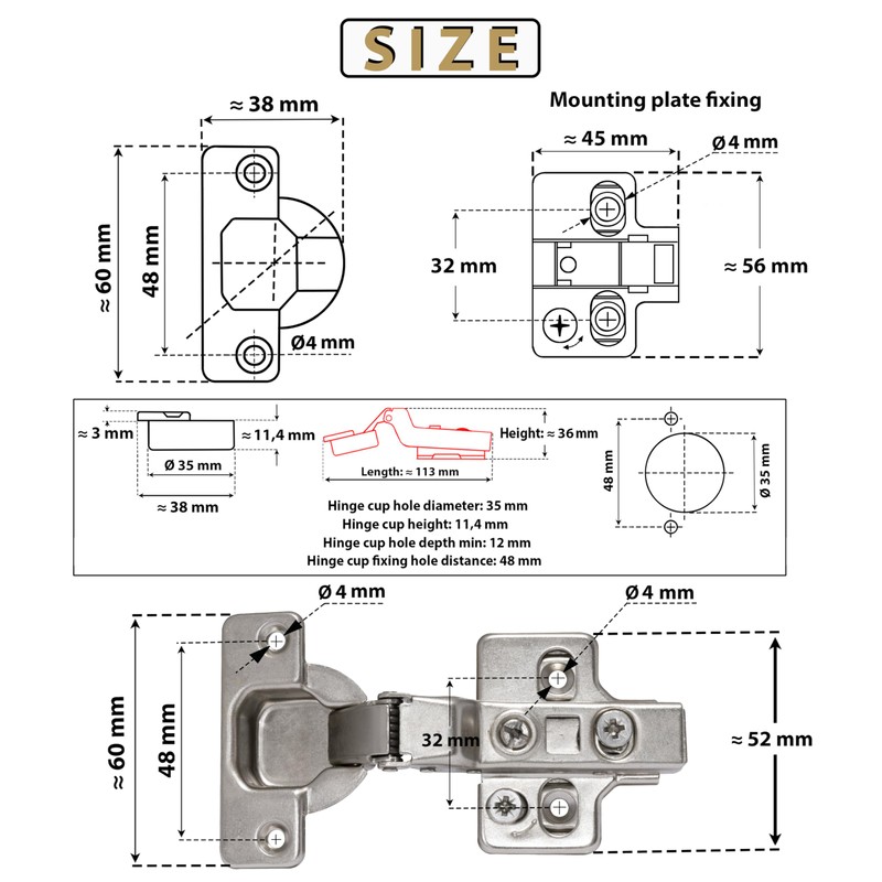 AERZETIX: 4 Invisible 110° Hinges with Shock Absorbing 3D Clip