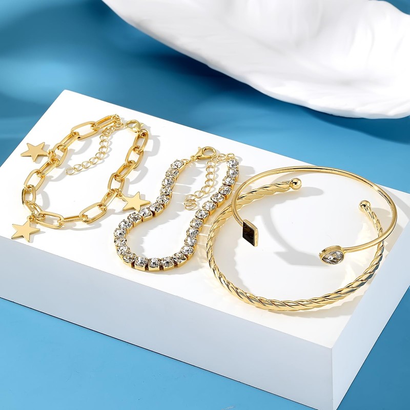 4 Pcs Gold Bracelet for Women, Dainty Sparkle Full Diamond
