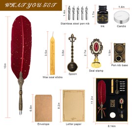 Quill Pen and Ink Set, Calligraphy Feather pen Set with Wax Seal Stamp,Ink,Wax Seal Sticks,Replacement Nibs,Spoon,Envelope Letter Paper,White Wax, Best Gift for Birthday (Red)