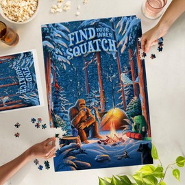 Bigfoot Puzzle 1000 Piece for Adults – Sasquatch Camping Scene, Hand-Drawn Forest Artwork, Made in USA Jigsaw Puzzle with Poster