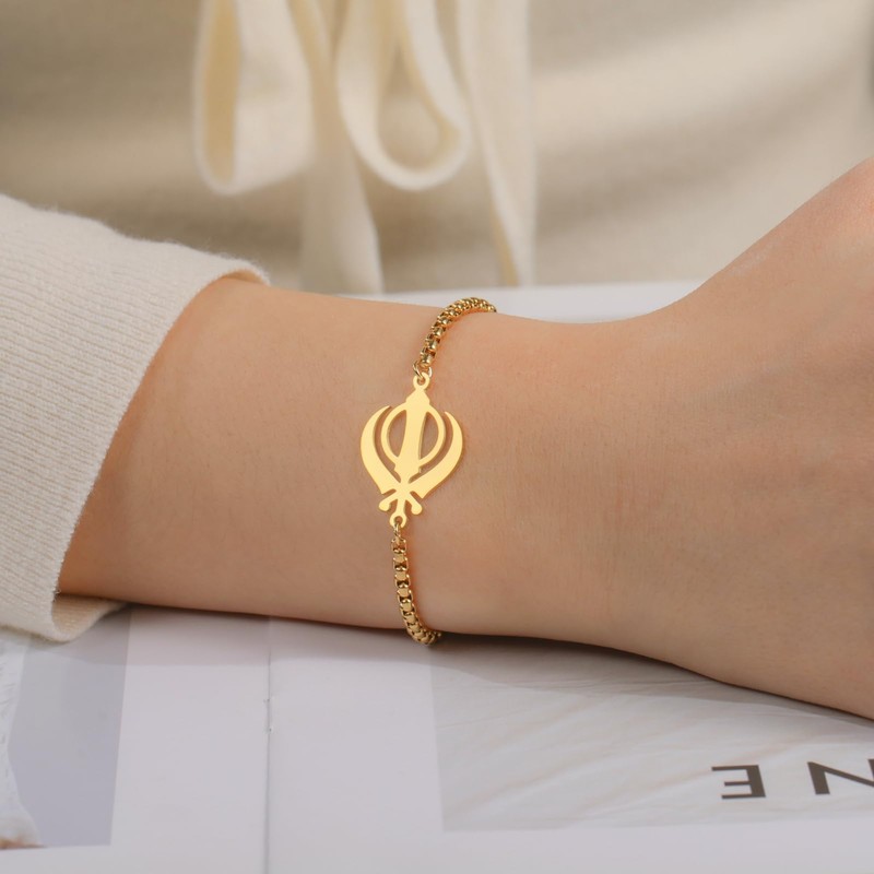 Khanda Symbol Bracelet for Women Stainless Steel Sikhism Pendant Adjustable