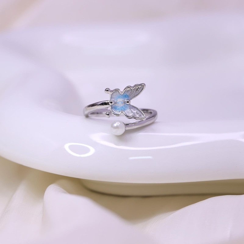 BYETOCE Small Blue Butterfly Ring Pearl Adjustable Silver Cuff Enamel
