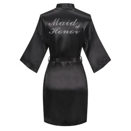 Chic Defend Women's Satin Robe Bride Bridesmaid Short Kimono Robes with Silver Rhinestones for Wedding Party Getting Ready, Maid of Honor, Black