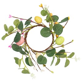 Mokylor 4 Pcs Easter Egg Candle Ring, 3.1 Inch Spring Easter Eucalyptus Leaves Wreath Pillar Candle Holders with Colorful Egg for Easter Table Centerpiece