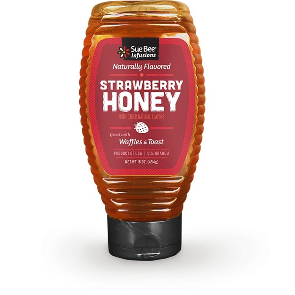 Sue Bee Infusions Strawberry Flavored Honey, 16 Ounce Sue Bee Strawberry Infused Honey For Waffles, Toast, Salads, USA Honey