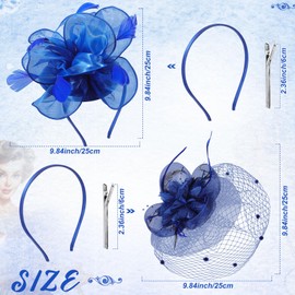 Solsew 2 Packs Fascinator Hats for Women Tea Party Derby Hats Mesh Flower Feathers Headbands and Clips Tea Party Headwear(Royal Blue)