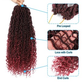 Saisifen 96 Strands Boho Goddess Locs Crochet Hair for Black Women Soft Faux Locs with Curly Ends, Pre-Looped Crochet Braids Ombre Burgundy 14 Inch