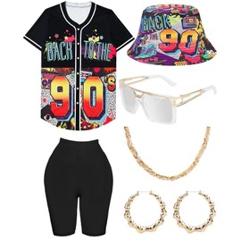 80s 90s Outfit for Women, Unisex Hip Hop Costume Baseball Jersey Shirt Yoga Pants Bucket Hat Gold Chain Rapper Accessories