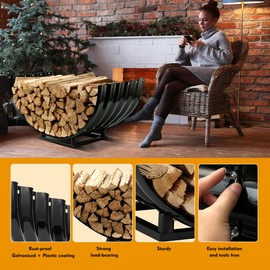 VAMFUTRE Round Metal Firewood Rack by Fireplace Indoor/Beside Fire Pit Outdoor-with Separate Sturdy Bracket,Rustproof,Durable & Stylish Firewood Holder (Black, 32 inch diameter semi-circle)