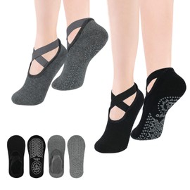 ZSRVAJ 2 Pairs Yoga Socks for Women Non Slip, Pilates Socks, Pilates Socks Non Slip Women Fitness Grip Socks Exercise Dance Yoga Socks for Ballet Pilates Socks Gray Black