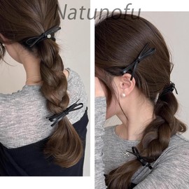 Natunofu Hair Pin, PU Leather, Ribbon, Hair Clip, Stylish, Adult, Bangs, Hair Clip, Cute, Non-Marking Hair Pin, Set of 2, PU Leather, Bowknot Ribbon, Black, Korean Style, Elegant, Elegant, Everyday