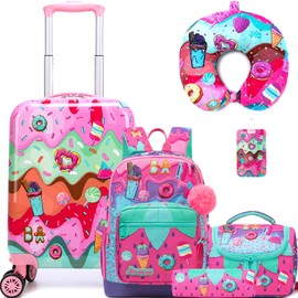 Inprof Cute Kid’s Luggage Set 5 Piece Suitcase Set 16’’ Hardside Luggage with Spinner Wheels Girls Carry on Toddler Travel Rolling Suitcase Carry on Luggage Airline Approved