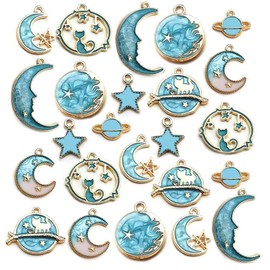 WOCRAFT 24 Pcs Assorted Gold Plated Enamel Cat Moon Star Celestial Charm Pendant DIY for Earrings Necklace Bracelet Jewelry Making and Crafting (M649-Lake Blue)