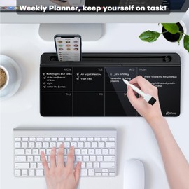 Varhomax Glass Weekly Dry Erase Desk White Board, Desktop to Do List Planner Whiteboard Calendar with Storage Caddy Memo for Home and Office, Black