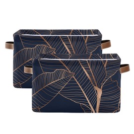 Large Foldable Storage Bin Gold Palm Leaves Navy Blue Fabric Storage Baskets Collapsible Decorative Baskets Organizing Basket Bin with PU Handles for Shelves Home Closet Bedroom Living Room-2Pack