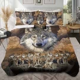 Sleepwish Gold Wolves Comforter Set Twin Size Bed Set 4 Piece Dark Clouds Wolf Leader Bedding Set with Comforter, Pillow Shams, Cushion Cover (King)