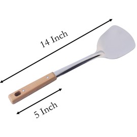 2 Pcs Spatula and Fried Shovel, 14 Inch Stainless Steel Turner with Wooden Handle for Cooking and Fried (2)