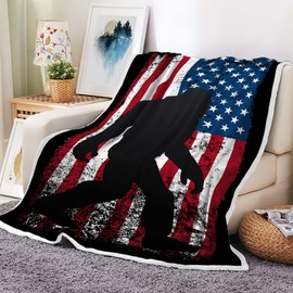 JAWO Bigfoot American Flag Throw Blanket, Vintage Flannel Patriotic Sasquatch Blanket for Couch Bed, Bigfoot Bigfoot Blanket for Men Women Funny Birthday Unique Sasquatch Gifts, Bed 50"x60"