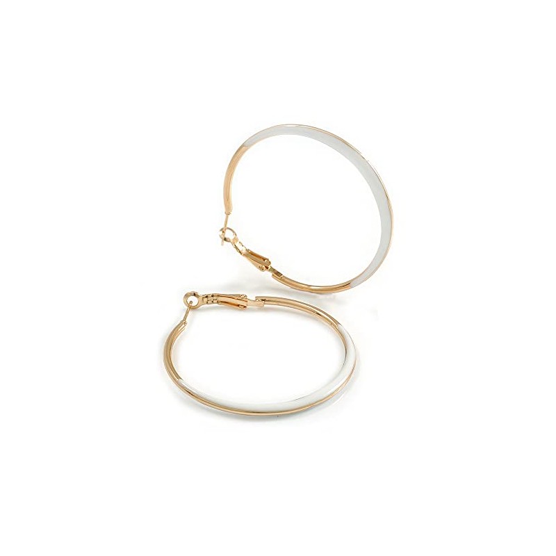 50mm Diameter/Gold Tone with White Enamel Hoop Earrings/Large Size