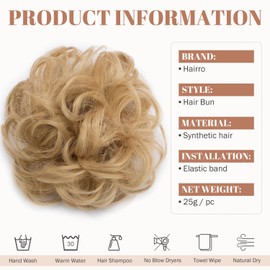 Hairro Messy Hair Bun, 25g Mix Ash Brown&Natural Blonde Messy Bun Hair Piece Fake Curly Wavy Hair Bun Hairpiece Natural Scrunchies Synthetic Extensions for Women