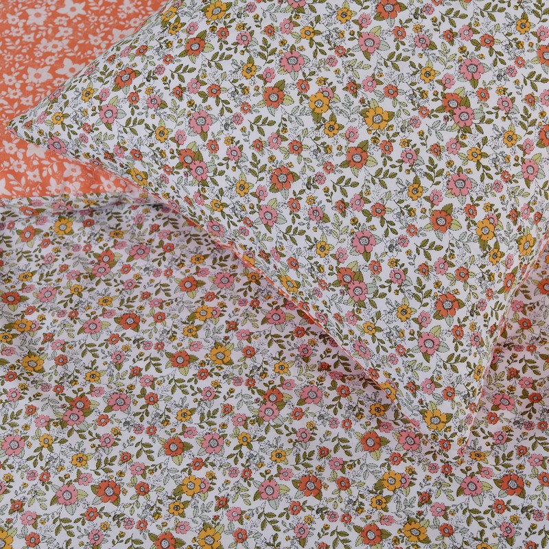 Sleepdown Ditsy Flowers Bedding Set, Pillowcase with Ribbons, Orange/White, 135
