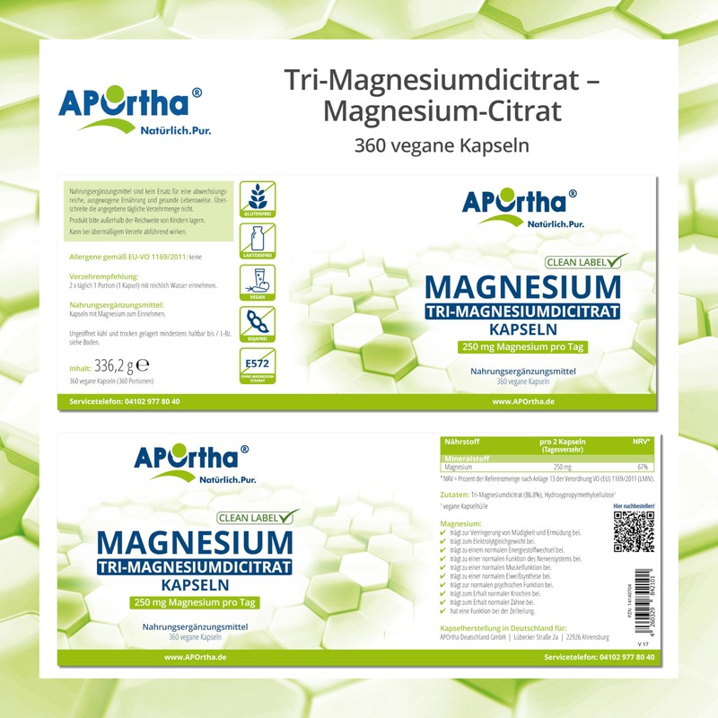 APOrtha® Magnesium Citrate - Tri-Magnesium Dicitrate 360 Capsules, 250 mg