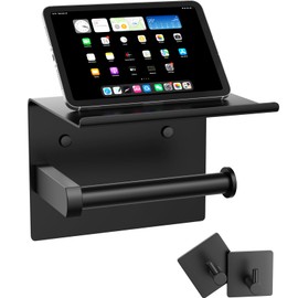 Tindbea Mega Size Toilet Paper Holder with Shelf + Towel Robe Hooks, Adhesive or Screw Wall Mounted Toilet Paper Roll Holder, Stainless Steel Bathroom Hardware Set (Matte Black)…