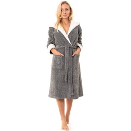 Florentina Women's Soft Fleece Hooded Robe, Gray Marl with Cream Trim (M)