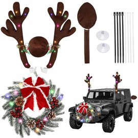 Yunlly 13 Inch Christmas Car Wreath Reindeer Antlers Car Kit with LED Lights, Glowing LED Car Reindeer Antlers with Bells Reindeer and Nose Kit Xmas Wreath Bow Decor Car Exterior(Cedar)