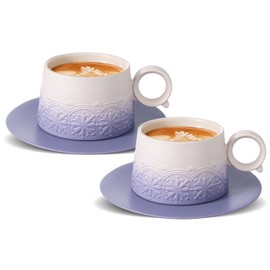 ZENS 7.3 Ounce Cappuccino Cups Set of 2, Artistic Embossed Ceramic Cappuccino Mugs and Saucers, Double Espresso Cups Set of 4 for Au Lait, Cafe Mocha or Matcha Latte or Tea, Pale Purple