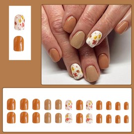 Viugex Künstliche Nägel mit französischer Spitze, kurze quadratische Nägel zum Aufdrücken mit Blumendesign, einfarbig, Kunstnägel, Glitzer, braun, Acryl, künstliche Nägel zum Aufkleben