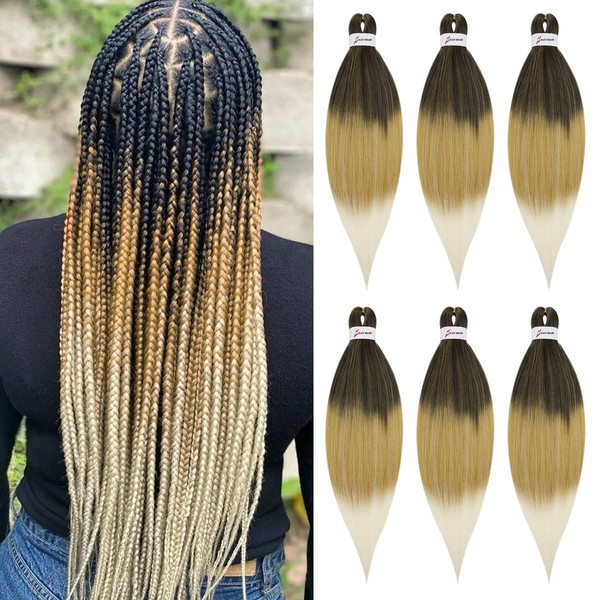 XIIMENALU Pre Stretched Braiding Hair, 6 Packs, EZ Braids, Natural Yaki Texture Hair Extensions, Full Easy Braid, Professional Synthetic Fibre, Pre-Stretched Hair for Braiding Braids (1B/27/613)