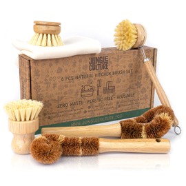 Jungle Culture® 6 Pack Bamboo Dish Brush Set for Washing Up • Natural Wooden Dish Brushes for Pans & Dishes • Eco Friendly Dish Scrubber for Bottles, 