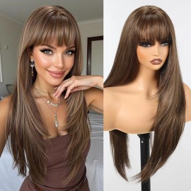 WigsA Mixed Brown Long Straight Cosplay Wigs With Bangs Synthetic Hair Heat Resistant