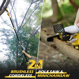 TROOZYTOOLS Cordless Pole Saw & Chainsaw 2-in-1, 6" Brushless Motor Tree Trimmer Tree Cutter, Multi-Angle Adjustable for Tree Pruning, Branch Cutting, Lightweight & Portable with Long-Lasting Battery
