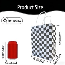 OasiZephauride 16 Pcs Race Car Goodie Bags Wavy Checkered Party Favor Bags for Kids Birthday with Handles, 8.6" x 6.3" x 3.1" Black and White Paper Treat Bags