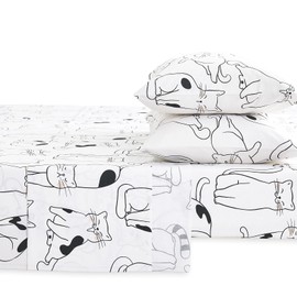 Wake In Cloud - Cats Bed Sheets, 100% Cotton, 4-Piece Sheet Set, Cute Cat Kitty Kitten Animal Drawing Pattern Printed Bedding, Deep Pocket, White Black, Queen Size