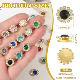 PATIKIL 12mm Sunflower Diamond Sew on Rhinestones, 150 Pcs Rhinestone Sequin Embellishments Crystal Glass Metal Base Flower Claw Rhinestones for Bedazzling Crafting Clothes, 10 Color