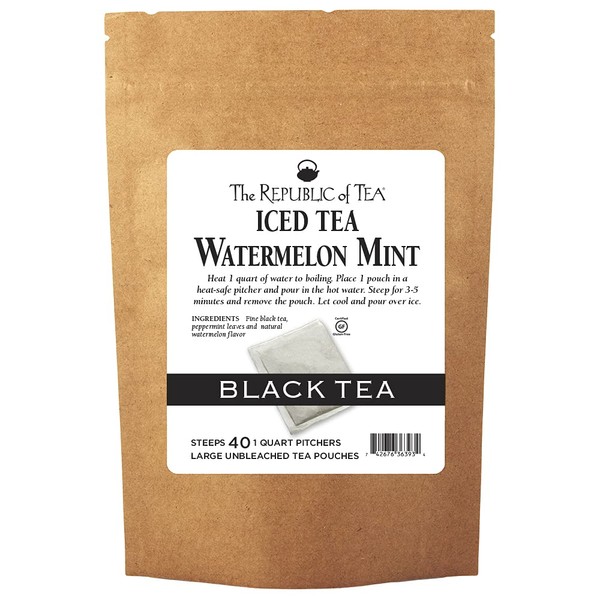The Republic of Tea Watermelon Mint Black Iced Tea, 40 Large Pouches / 40 Quarts, Premium Fine Black Tea