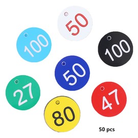 Pack of 50 Plastic Numbered Tags, 1-100 Engraved Number Discs Without Rings for Workshops, Parties, Sauna