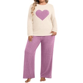 Blooming Jelly Womens Plus Size Pajama Sets 2 Piece Ribbed Heart Printed PJS Fleece Long Sleeve Sleepwear Pockets Beige Pink