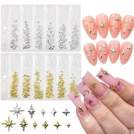 Lilbitty 400 Pieces Star Nail Charms for Nail Art, 3D Star Nail Charms in Gold and Silver, Metallic Rivets, Rhinestones, Star Nail Jewellery Decorations, Manicure Set