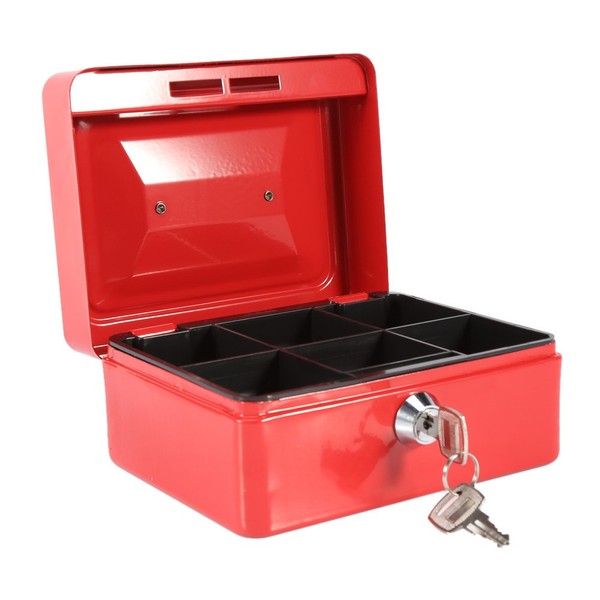 Mini Cash Box, Small Metal Coin Safe, Security Box, Double Layered Small Safe with Key Lock and Removable Money Compartment (Red)