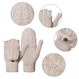 Loritta Winter Gloves Warm Knit Flip Fingerless Gloves Mittens for Women,G- Beige