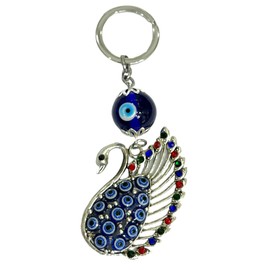 AUGEN Premium Blue Evil Eye Peacock Design Keychain Metal Vastu Good Luck Charm Protection With Key Ring Anti-Rust (Pack Of 1)