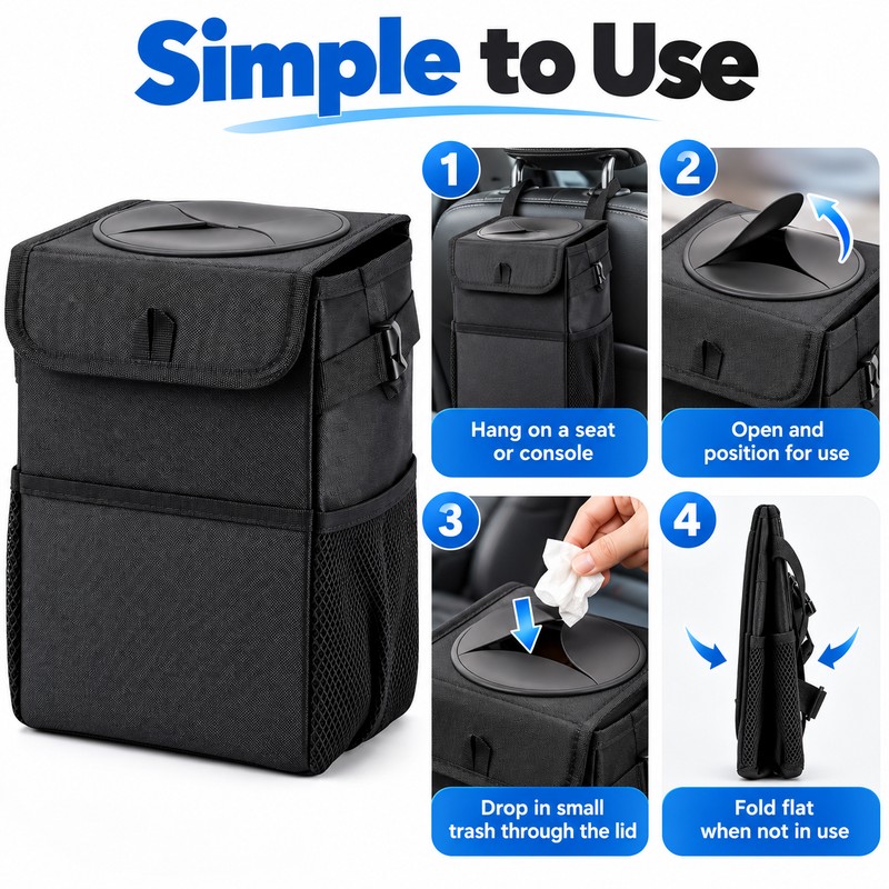 Collapsible Car Trash Can with Lid, Leak-Resistant Oxford Cloth Garbage