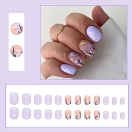 Ceboic Pack of 24 Square Nails for Sticking Short, Purple Flower French Artificial Nails, Glossy Artificial Nails, Press on Nails with Designs, Acrylic Fingernails, Fake Nails for Women, Girls, Party